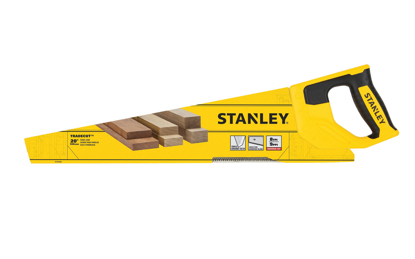 Stanley Tools Model STHT20350. 20" Tradecut Panel Handsaw provides quick, efficient cutting with a comfortable, slip resistant bi-material grip. With triple ground teeth, this saw makes for fast cutting on both the push & pull stroke. Induction hardened blade. Aggressive cut saw. 8 TPI. Made in Denmark. 076174203509