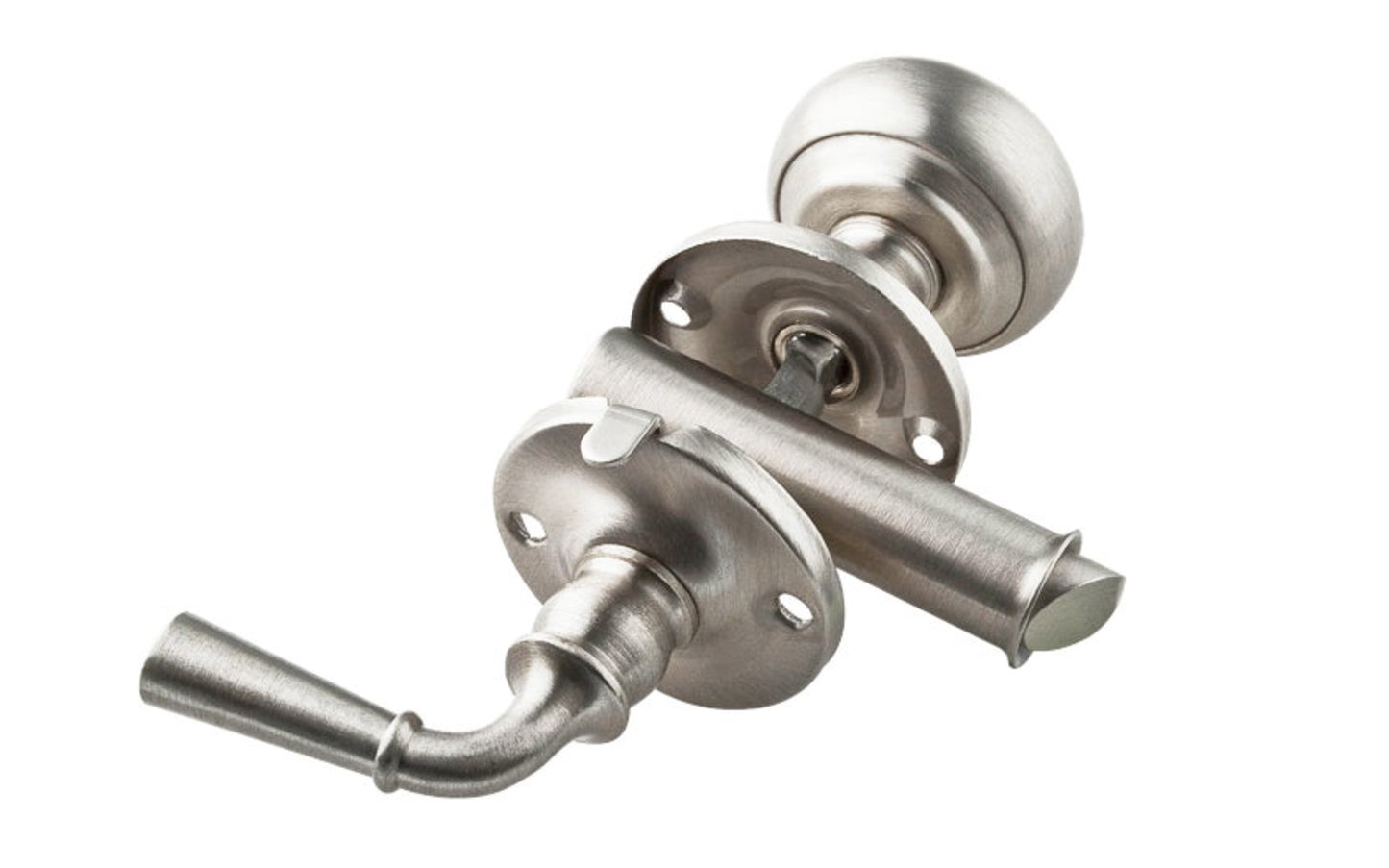 This Storm / Screen Door Latch has an inside knob & outside lever. It is designed to fit doors from 7/8" to 1-3/8" thickness. Made of steel material with a bright brass finish or satin nickel finish. Made by National Hardware. Model N100-044