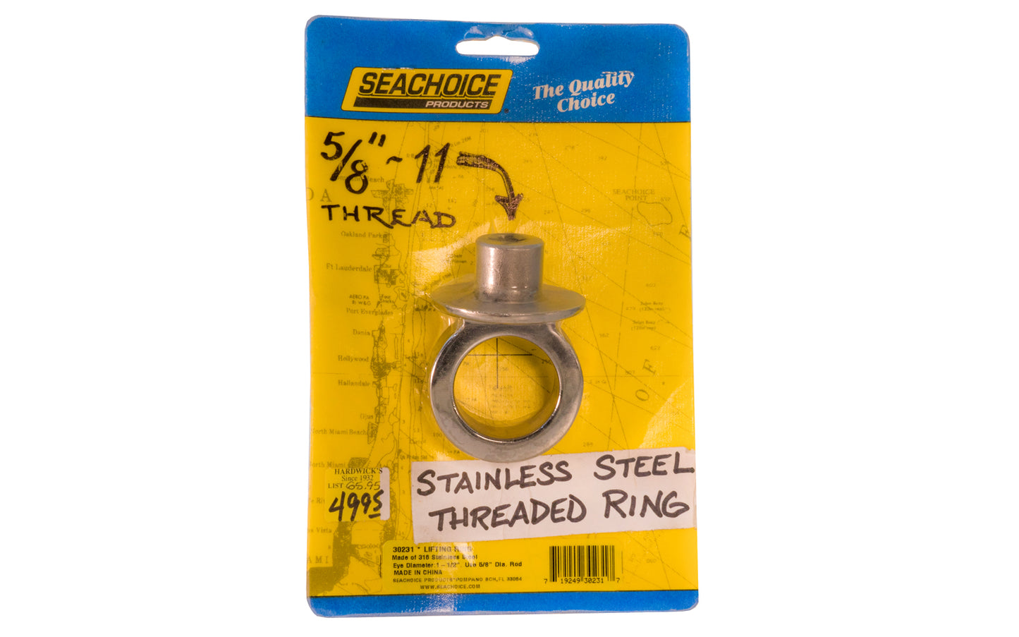 Seachoice 1-1/2" Diameter Eye Stainless Threaded Lifting Ring. 5/8-11 thread. Made of 316 Stainless Steel material. SS threaded ring / cleat. 1-1/2" ID ring diameter. 719249302317. Seachoice 1-1/2" Diameter Eye SS Threaded Lifting Ring / Cleat. Model 30231