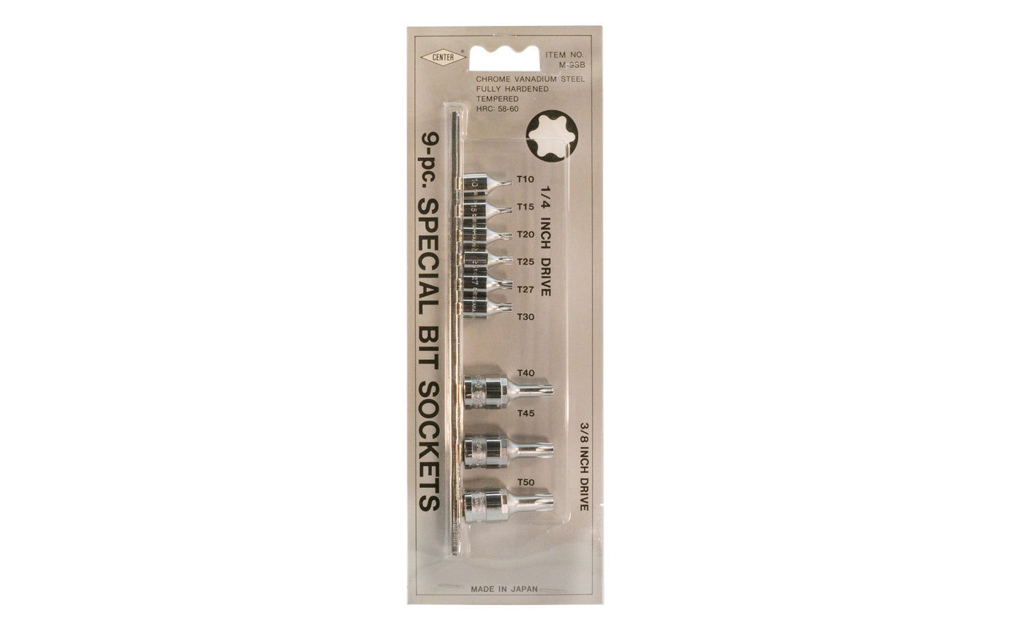 This Japanese 9-PC Torx Bit Socket Set ~ 1/4" & 3/8" Drive is made of chrome vanadium steel, fully hardened & tempered HRC: 58-60. 1/4" drive socket sizes: T10, T15, T20, T25, T27. 3/8" drive socket sizes: T40, T45, T50. Includes metal rail organizer. Made in Japan. 1/4 DR Torx Sockets. 3/8 DR Torx Sockets