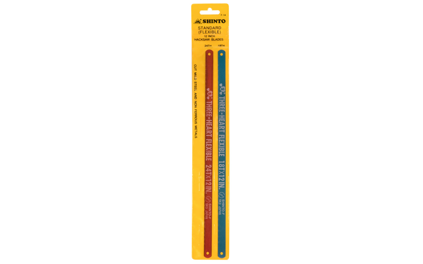 Japanese Shinto 12" Hacksaw Blades - 18 & 24 TPI. 2-Pack. Cuts mild steel & non-ferrous metals. Made in Japan. 2-Pack. "Three-Heart Flexible" 18 TPI X 12". 24 TPI X 12". Standard Flexible Shinto hacksaw blades. Sold as two blades in pack. Made in Japan. Shinto Rasp