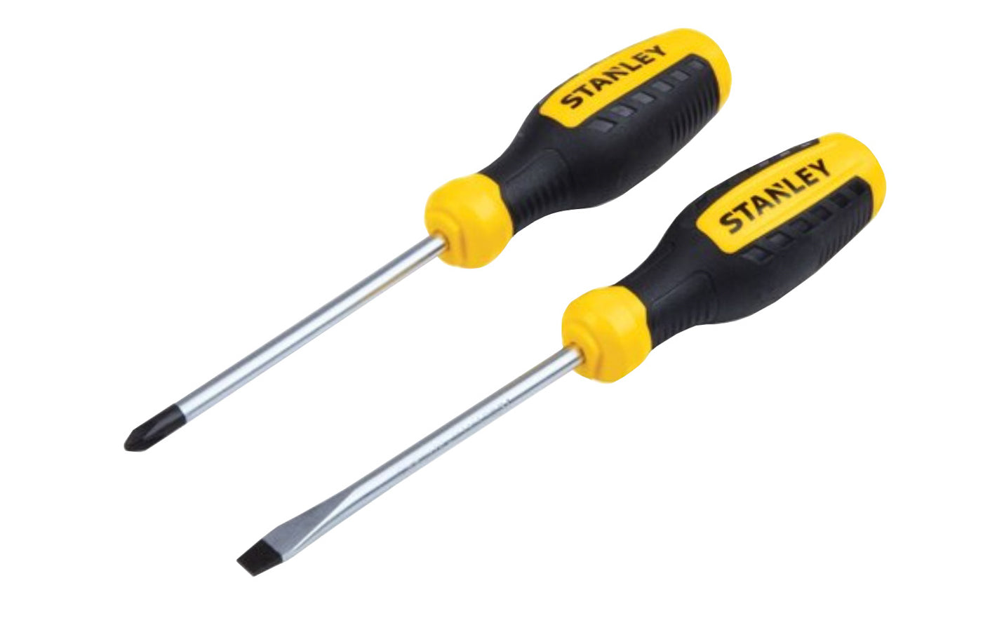 This Stanley Screwdriver Set features #2 Phillips screwdriver & a 1/4" flathead screwdriver to fulfill a wide range of fastening needs. The ergonomically-designed handle is shaped & sized to provide comfort & torque at the fastener head. The heat-treated, alloy-steel blades are built to withstand long-term use.