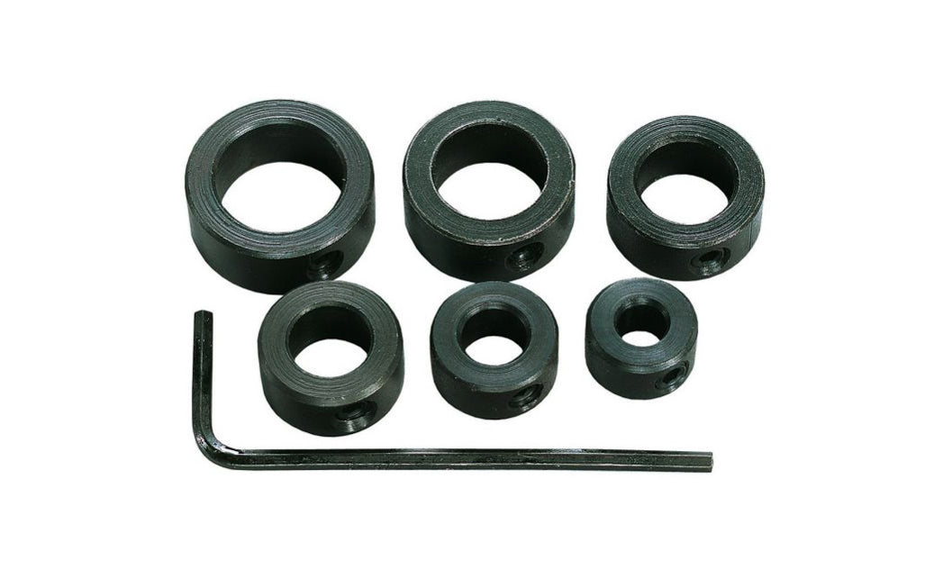 General Tools Drill Stop Set Model S838. Made of cold rolled steel, with a black oxide finish. Includes sizes: 3/16", 1/4", 5/16", 3/8", 7/16", 1/2". Includes hex wrench. 038728230966