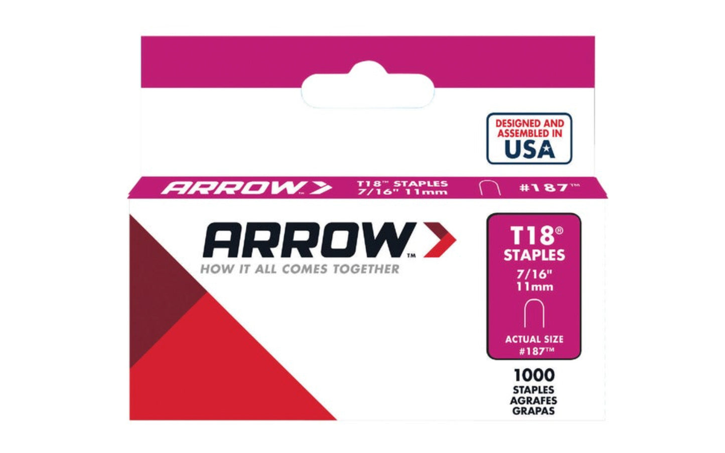 Arrow T18 Round Crown Cable 7/16" Staples - 1000 PK. Fits wire up to 3/16" diameter. Good for Telephone Wiring & Cable. Designed & assembled in USA. 079055187165. Model No. 187. Designed for use with Arrow staple gun Model No. T18.