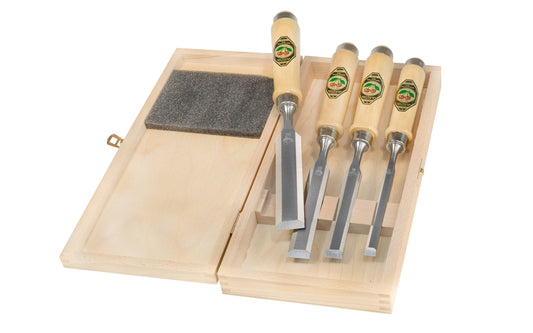 Two Cherries 4-Piece Firmer Chisel Set With Wooden Box ~ 3/8" (10 mm), 5/8" (16 mm), 3/4" (20 mm), 1" (26 mm) ~ Made in Germany