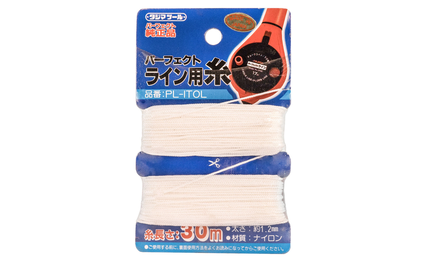 Professional & contractor grade chalk line made by Tajima. Line measures at 0.0472" (1.2 mm) thickness. Creates bold, precise, & easy-to-follow marking lines for layout work. 100' (30 m) long premium braided line. Model PL-ITOL. Premium polyester line. Ideal for wood, concrete, & drywall. Made in Japan. 4975364054357