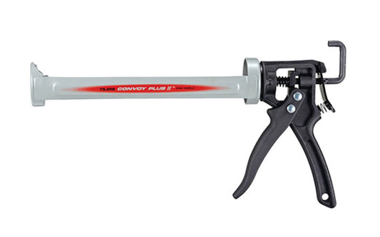 The  'Convoy' Plus II Caulking Gun for 10 oz Tubes / 1/10 Gal. made by Tajima. This model has an extra-long barrel, a 360° rotating handle, Auto-flow system, & a seal puncture pin. Designed for 10 oz tubes. Model No. CNV-100PL2