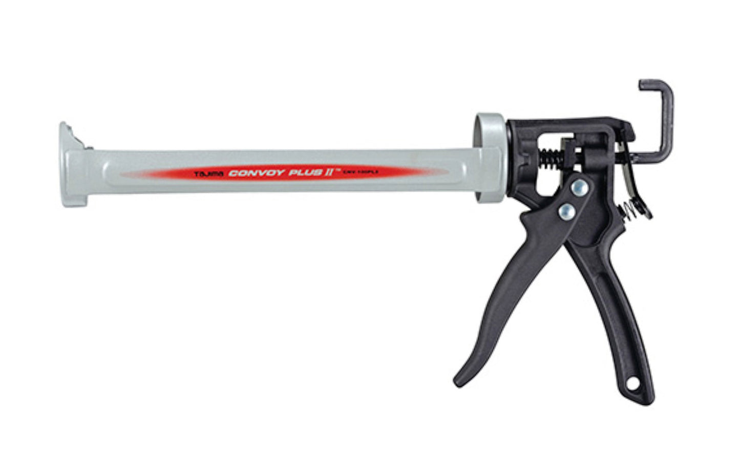 The 'Convoy' Plus II Caulking Gun for 10 oz Tubes / 1/10 Gal. made by Tajima. This model has an extra-long barrel, a 360° rotating handle, Auto-flow system, & a seal puncture pin. Designed for 10 oz tubes. Model No. CNV-100PL2