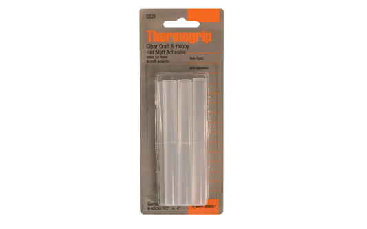 These Black & Decker Thermogrip Hot Melt Adhesive sticks are great for hobby & crafts. Clear adhesive for paper goods, plastics, flower arranging, fabrics, etc. Bonds in 60 seconds. Sold as 6 glue sticks in a pack. Model GS21. 030007030618. Made in Canada.