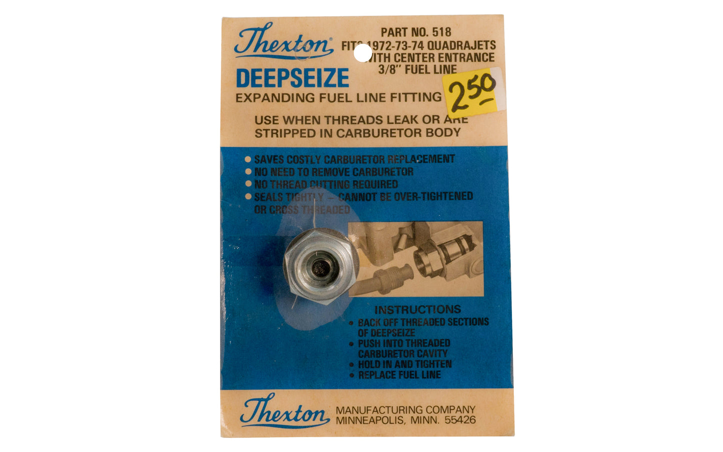 Thexton DeepSeize Expanding Fuel Line Fitting - Fits 1972-73-74 Quadrajets with Center Entrance 3/8" Fuel Line