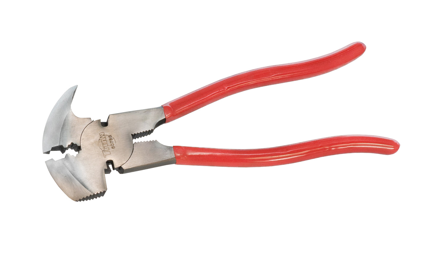 These Fence Pliers have jaws for twisting wire & gripping staples, a claw end for removing staples, grooved hammer face for driving staples, wire cutters, & a tensioner / crimper. Titan Tools model 60788. 10-1/2" overall length. 802090607882. Model 60788