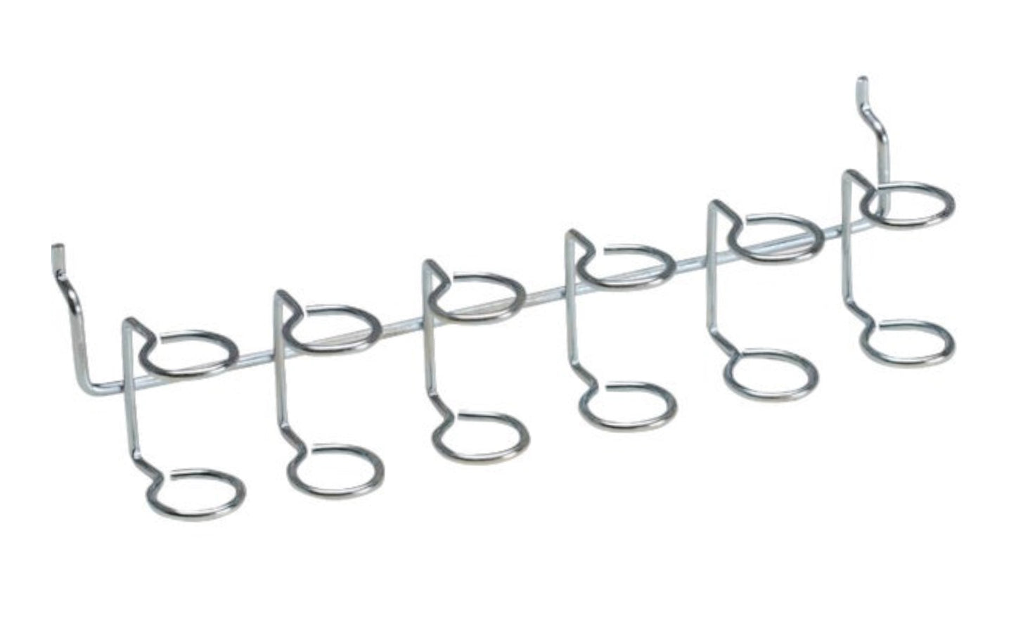 A Tool Holder Peg Hook with six slots for screwdrivers, tools, etc. For 1/8" & 1/4" perforated board or pegboard. Zinc-plated. 9" overall length. 009326208930