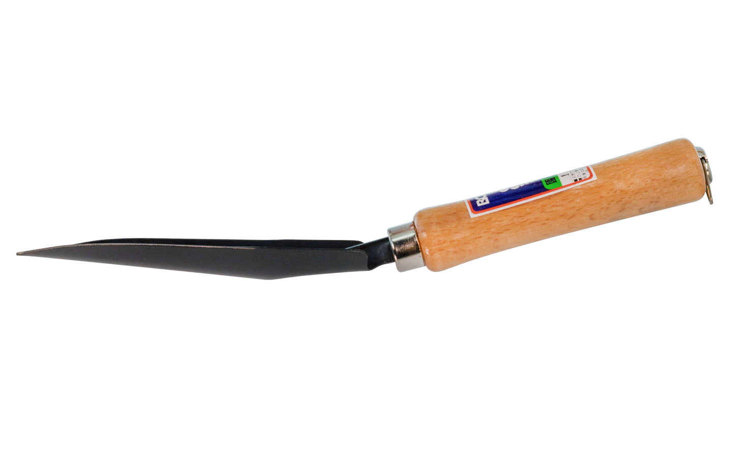 Japanese Garden Trowel with V-Notch. Made of high carbon steel with a black finish. V-notch for weeding on tip. Lacquered hardwood handle with nickel ferrule. Made in Japan. 4934740005123