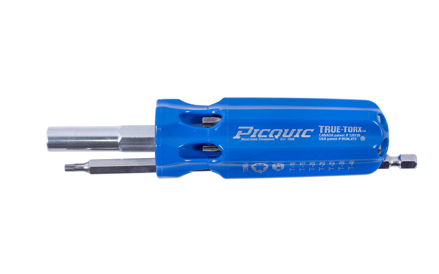Picquic Model 88155 - "True Torx" with a solid handle for comfort & torque, & has no moving parts. Bits included: 10, 15, 20, 25, 27, 30, 40 Torx bits. Picquic TrueTorx Multi-Bit screwdriver with bit storage in handle. 57369881559. magnetic rare earth magnet holds the working bit in shank. Precision-machined power bits