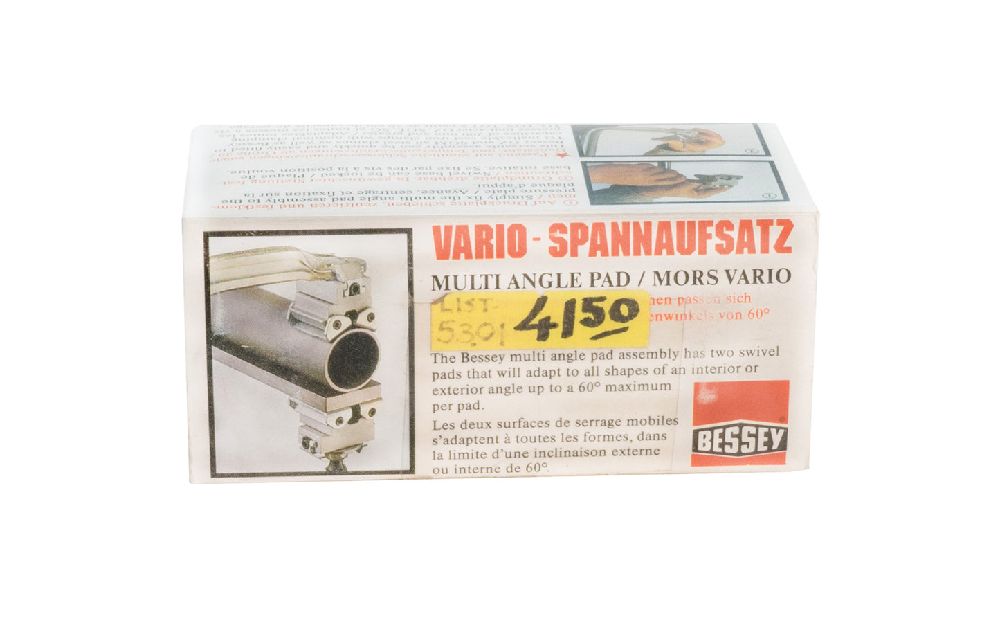 The Bessey Multi-Angle Pad assembly has two swivel pads that will adapt to all shapes of an interior or exterior angle up to a 60° maximum per pad. Fits Bessey GZ, SGM, & TG malleable cast iron clamps. Made in Germany. Bessey Multi-Angle Pads - Pair. Swivel base can be locked. Sold as 2 in pack. "Vario-Spannaufsatz"