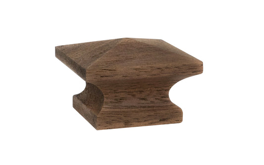 A classic wood pyramid cabinet knob of solid Walnut material. This good-looking wooden knob has a slight pyramid design & square edges. Designed in the Mission-style / Arts & Crafts, Craftsman style of hardware. Unfinished solid oak wood. May be stained, painted, or varnished. 1-1/4" x 1-1/4" size.