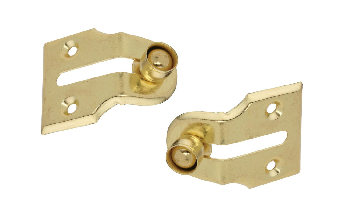 Brass Plated Window Vent Stops for double hung wood windows. Allows the window to be locked in ventilating position. No keys. Has movable locking bolt. Brass plated on steel. National Hardware Model No. N183715. 038613183711. 2" width x 1-1/2" high. includes two strikes & screws. Brass plating on steel material