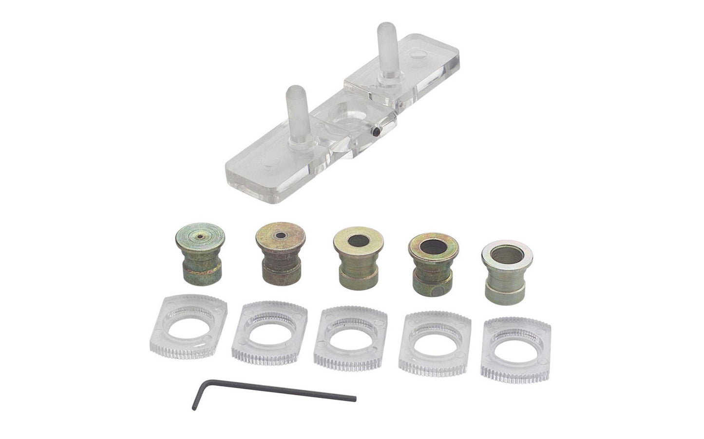 Drill the center of stock up to 1-3/8" thick with this automatic Centering Jig. Simply insert the appropriate size bushing in the jig, straddle stock with two guide pegs, twist the jig so both pegs make contact with the sides of the stock and drill the hole. Includes 1/32", 1/16, 1/4", 5/16" and 3/8" drill bushings.