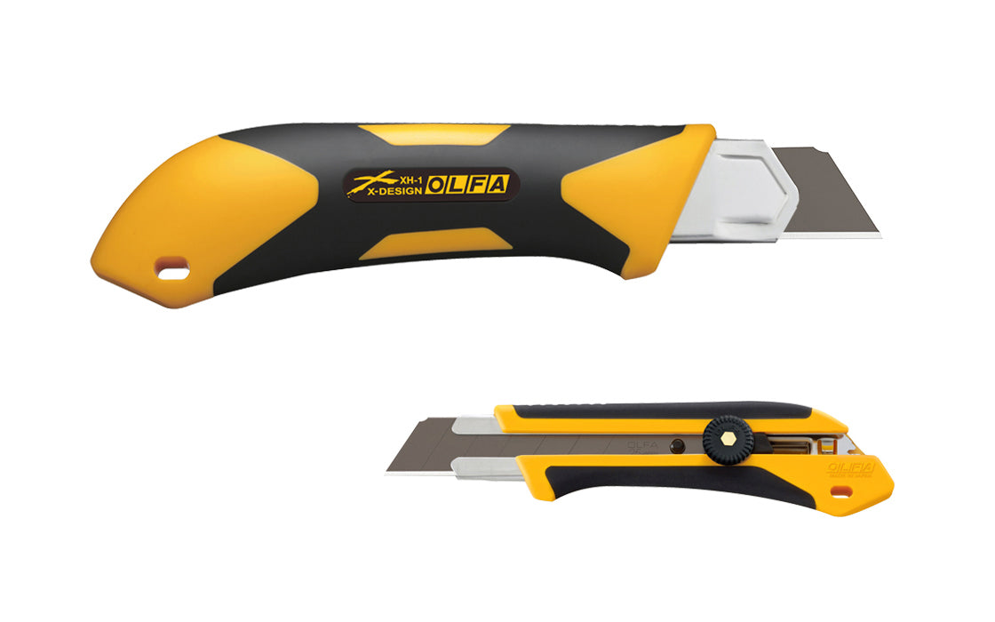 Olfa "XH-1" Utility Knife 25 mm Blade is an Extra Heavy Duty snap-off knife. Stainless blade channel. Includes Olfa's ultra-sharp black blade - Premium carbon tool steel black HBB blade - 25% sharper than LB silver blade. 091511600858. 25 mm (1") wide blade. Fiberglass & rubber handle. Olfa Model XH-1. Made in Japan
