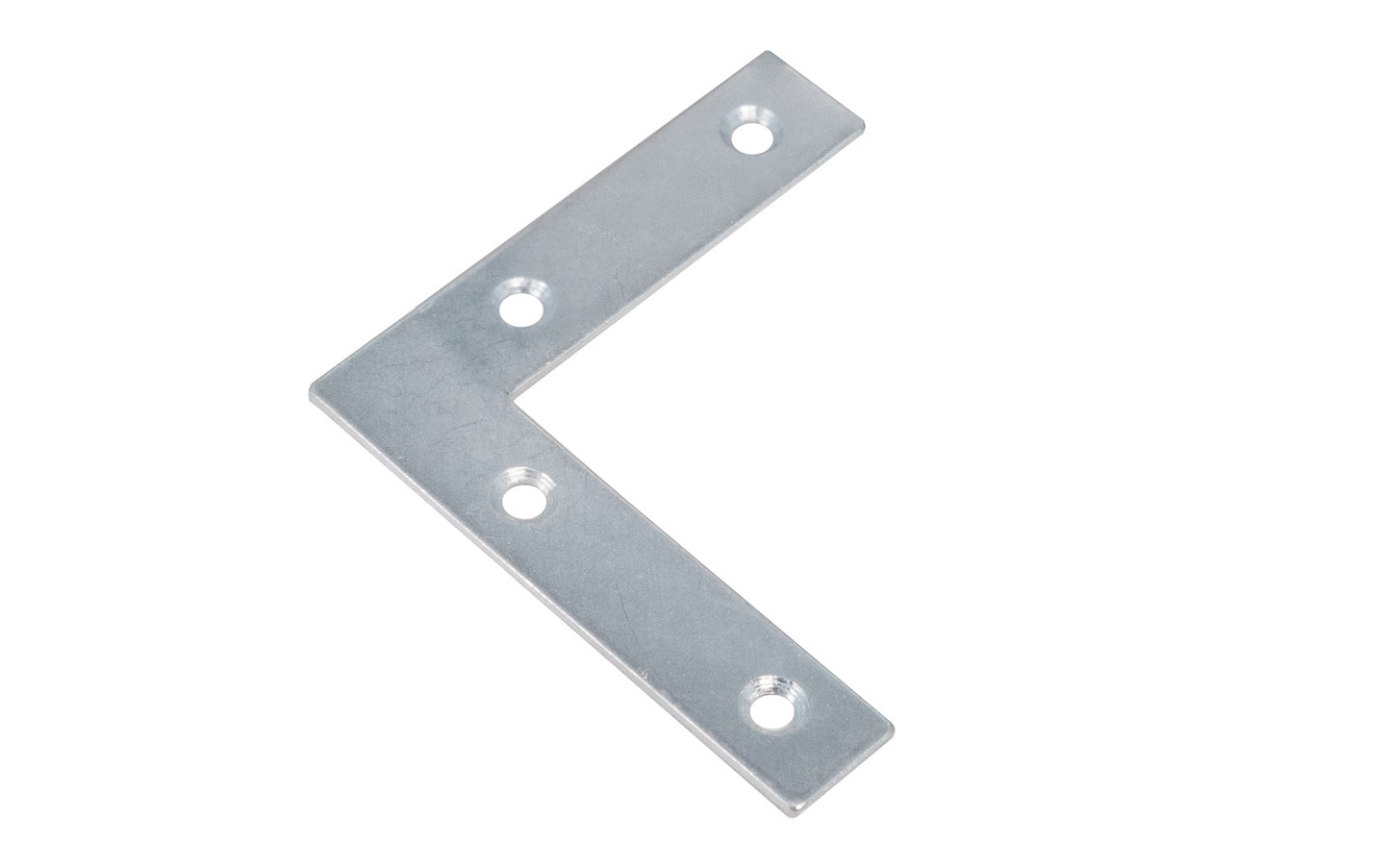 4" Zinc-Plated Flat Corner Iron. These flat corner irons are designed for furniture, cabinets, shelving support, etc. Steel material with a zinc plated finish. Countersunk holes. Sold as singles, or bulk box of (20) flat corner braces. 4" long x 4" long size. Screws not included.