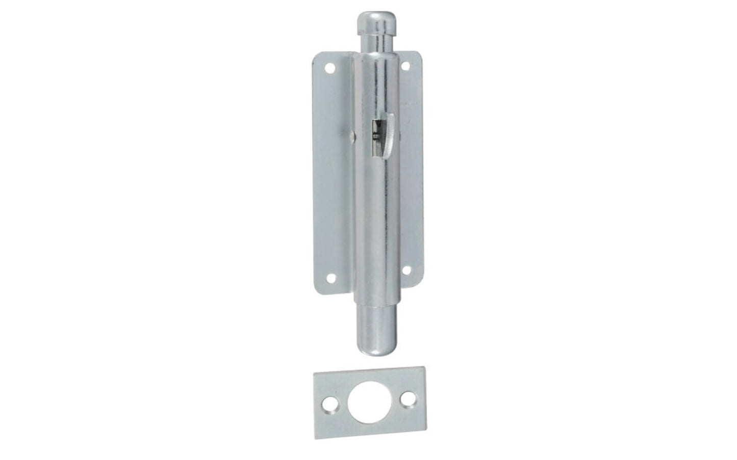 This zinc-plated steel foot bolt is designed for use on cabinet, double screen, garage, & industrial doors. 6" length. 7/8" bolt throw length. Lever to raise bolt has positive action. Bolt is held in place when raised by an oil-tempered steel friction spring. National Hardware Model N151-027. 038613151024.