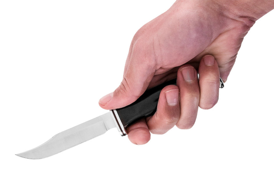 Buck Knives 102 Woodsman Knife & Sheath - Fixed Blade with Black Handle has a 4" blade made of 420HC stainless steel with finger guard. Blade made of 420HC Stainless Steel - Satin finish. Handsome Phenolic, black handle. Includes a genuine black leather sheath. Fixed blade - Full tang. Model 0102BKS-B. 033753026287