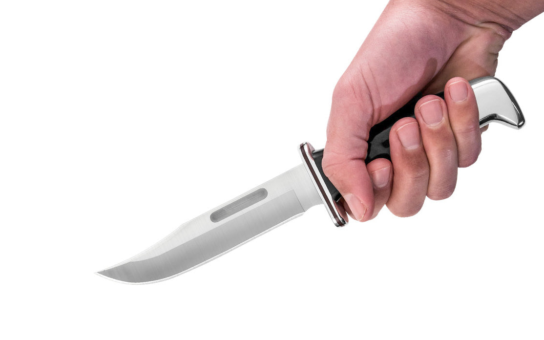 Buck Knives 119 Special Knife & Sheath - Fixed Blade & Black Handle - Fixed Blade & Black Handle Model 0119BKS-B has a blade made of 420HC Stainless Steel. Silver bolsters & guard. Handsome Phenolic, black handle - Very nice feel in the hand. 033753092077. 6" Long Blade