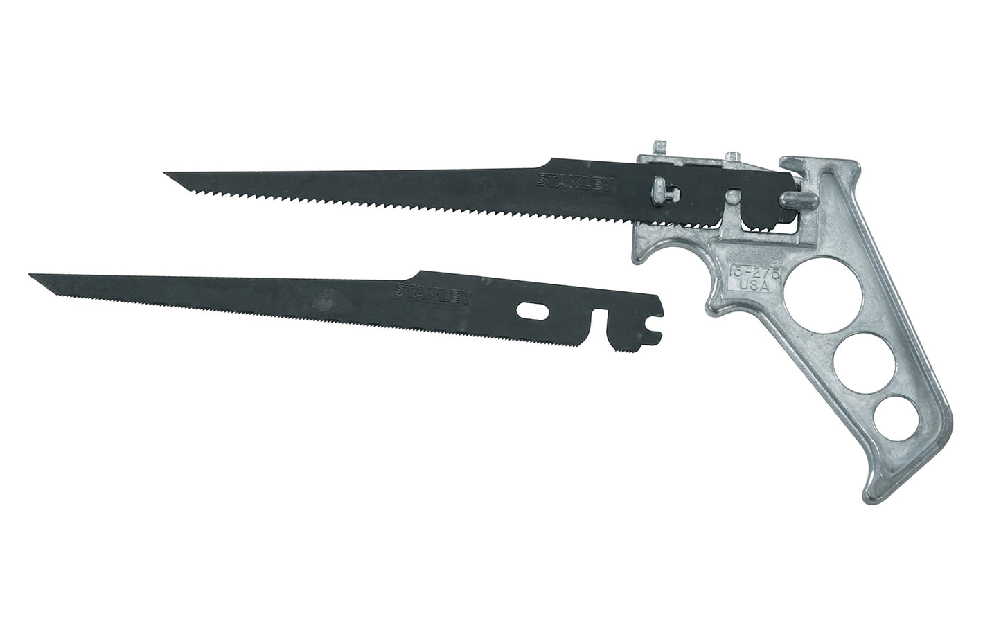 Stanley 4-Way Keyhole Saw ~ 15-275 - 4-way blade positioning cuts curves, circles, & frets into places where ordinary hacksaws cannot reach - Cuts wood, nails, composition board, BX cable, conduit, & more - Lightweight, pistol grip handle - Made in USA