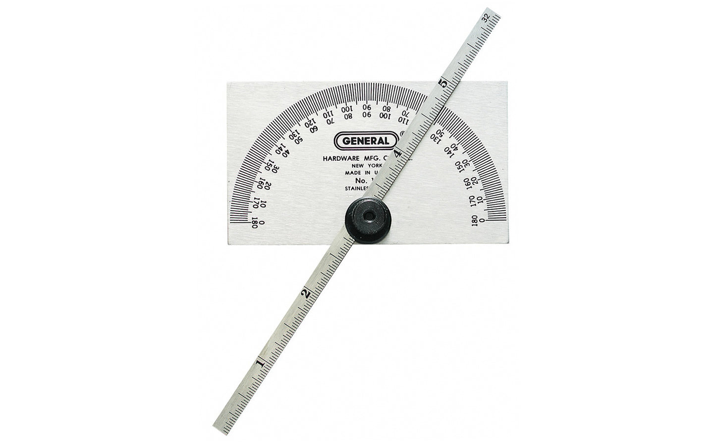 General Tools Model No. 19 ~ Easily mark, measure & transfer angles for woodworking, machining, & other measuring applications including a measuring depth gauge ~ Stainless steel ~ 6" protractor arm with knurled locking nut ~ 3-3/8" x 2" size head ~ Etched graduations ~ Square head ~ Made in USA