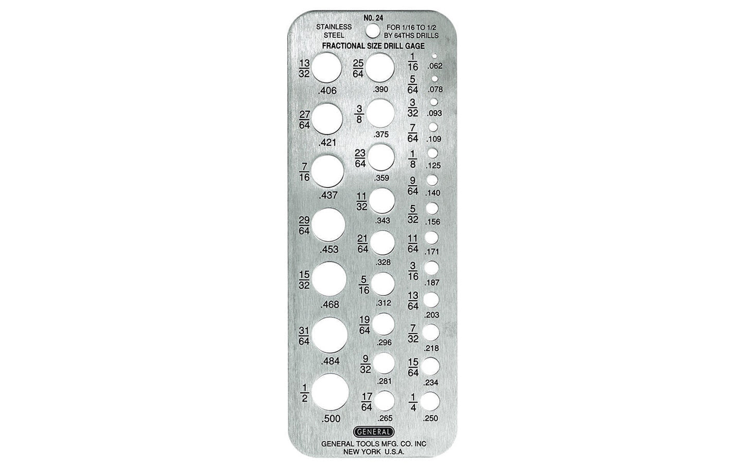 General Tools Hobby Drill Gage ~ 1/16" To 1/2" By 64ths - Quickly identifies the size of a fractional drill bits - Hole sizes & decimal equivalents are marked in black graduations to give high contrast & will not wear off - Measures fractional size drills 1/16" to 1/2" (.062 to .500) by 64ths - Model No. 24 ~ 038728220110