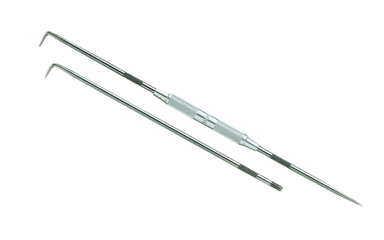 General Tools 3-Point Scriber - Model No. 380A - Hardened tool steel sharp point ~ Three interchangeable threaded steel points: short straight, short bent & long bent - can be used in woodworking, metal marking, scratching, scribing, upholstery work, piercing holes, pattern-making, leather making, ceramics, glass, plastics, & many other uses ~ 038728314000