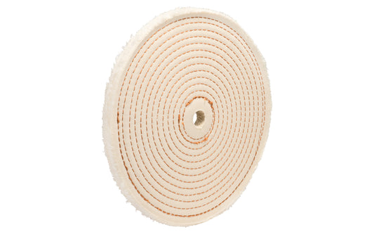 The 8" Spiral Sewn Buffing Wheel ~ 1/2" Thick for aggressive cutting & coarse buffing. 5/8" hole diameter. 1/2" wide thickness. This spiral sewn wheel is designed for prolong service. Good for coarse cutting & buffing, & flexible grinding. Stiffer cotton sheeting - Held together lockstitch sewing. Dico Polishing Company 528-40-8. Made in USA.