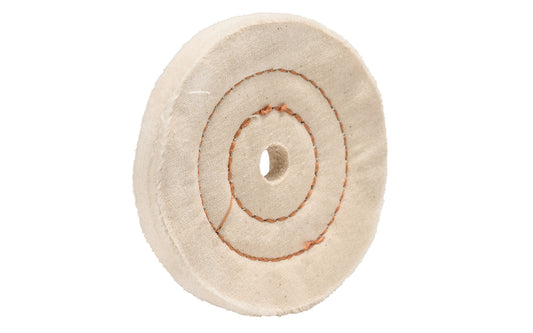 The 4" Cushion Sewn Buffing Wheel ~ 1/2" Thick is ideal for light cutting & coloring (polishing). 4" diameter of wheel. 1/2" hole diameter. Made of fine cotton sheeting held together with two circles of lockstitch sewing. Made in USA. Dico Polishing Company 528-36-4