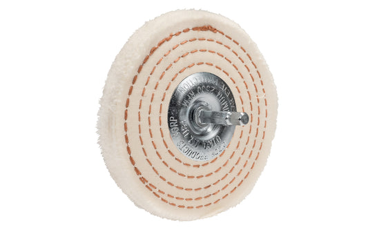 The 4" Spiral Sewn Buffing Wheel With 1/4" Mandrel ~ 1/2" Thick is a workhorse for aggressive cutting & coarse buffing. 4" diameter of wheel. Dico 527-40-4M. Made in USA.