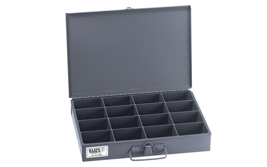Klein Tools - Made in USA - Model 54438 - Outside box features strong metal, rigid, heavy-duty welded construction - Inside box compartments feature high-impact styrene construction - Compartment Sizes: 3-1/4" x 2-1/4" - Overall Size:  9-3/4" Deep x 13-1/2" Wide x 2" High - Box has a carrying handle - piano hinge 