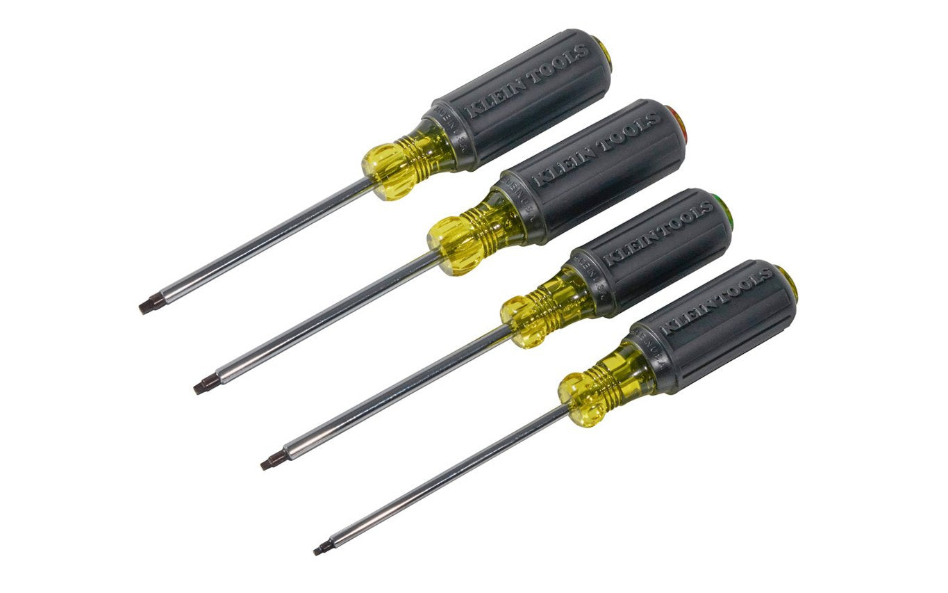 Klein Tools - Model 85664 - 4-piece screwdriver set ~ Four piece set ~ No. 1 Square Drive - 4" blade - No. 2 Square Drive - 4" blade - No. 3 Square Drive - 4" blade - No. 4 Square Drive - 4" blade - Cushion-Grip handles - Chrome-plated corrosion resistance - 092644856648 - Precision Tip - Made is USA - Recess Drive