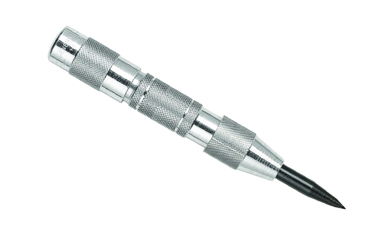 General Tools ~ Automatic Center Punch ~ Aluminum Body - Model No. 77 ~ For center marking, punching, staking, & starting screw & drilling holes holes ~ Hardened steel point ~ Spring tension can be adjusted for light or heavy markings ~ One hand operation, no hammer needed ~ Aluminum Body ~ To operate push down on the back of the punch until it clicks then release
