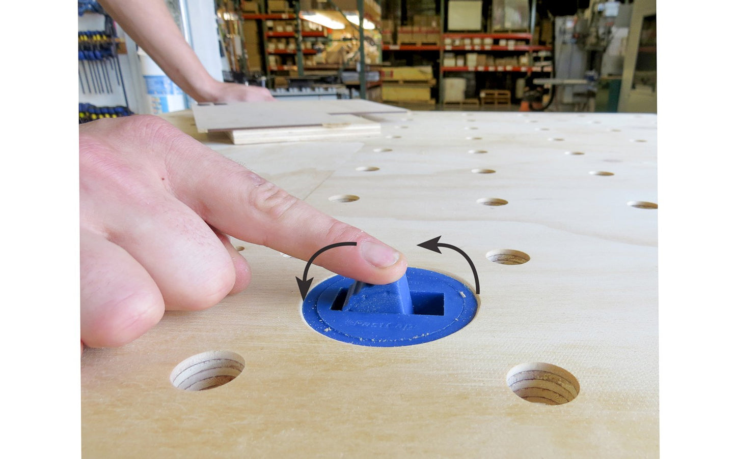 Four Pack - Gives functionality to your workbench when dogs are needed - 2-1/2" diameter - Model BLUE DOG 4PK - use a 2-1/2" hole saw to drill out a hole, sand the top edge, & press the Blue Dog down into the hole until flush - height adjustment for any material thickness & the turntable feature allows flexibility - 663807025111