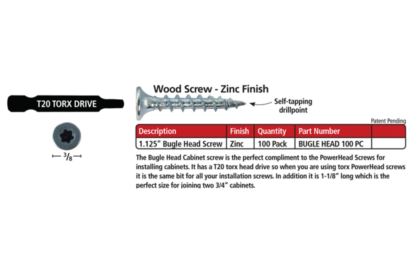 FastCap 1-1/8" Bugle Head Cabinet Screws - T20 Torx Head ~ 100 Pack - Model No. BUGLE HEAD 100 PC