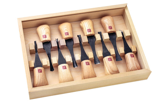 Flexcut Deluxe Palm Carving Set ~ FR405 - 9-piece set - #2 x 5/16” (8mm), #3 x 3/8” (9mm), #3 x 5/8” (16mm), #5 x 9/16” (14mm), #6 x 5/16” (8mm), #8 x 3/8” (10mm), #11 x 1/8”  - High Carbon Steel blades - Palm Carving Tool Set ~ Made in USA ~ 651646004053