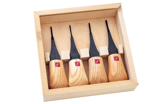 Flexcut Micro Palm Carving Set ~ FR804 - 4-piece set - Includes 4-piece set - Includes Sweep #5 x 2.5 mm, Gouge #9 x 1.5 mm, Gouge #9 x 1 mm, Parting V-Tool 45° x 1 mm - High Carbon Steel blades - Ash wood handles - Palm Carving Tool Set - Made in USA - For miniature carving - netsuke or caricature carving ~ 651646008044