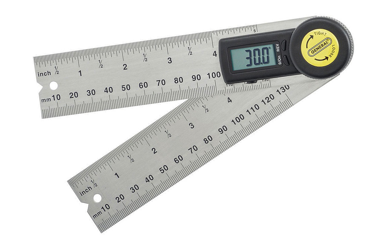 Digital Angle Finder ~ 5" Long ~ Ruler show both Standard & Metric readings ~ High grade stainless steel ruler with permanently etched markings ~ Hinge mechanism provides full 360° for measuring inside/outside & reverse angles