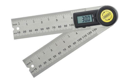 Digital Angle Finder ~ 5" Long ~ Ruler show both Standard & Metric readings ~ High grade stainless steel ruler with permanently etched markings ~ Hinge mechanism provides full 360° for measuring inside/outside & reverse angles 