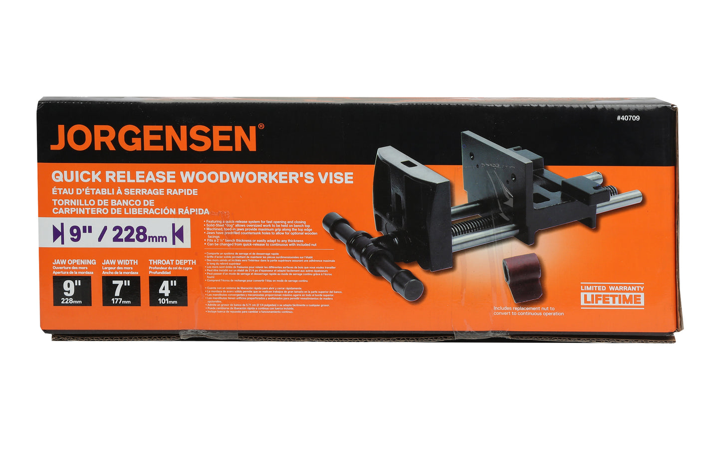 Pony 7" Professional Rapid-Acting Woodworker's Vise ~ 9" Jaw Opening - Quick Release - Model No. 40709 - Specially cut acme-threaded main screw, cold-drawn steel twin guide bars, & steel handles - Featuring a quick-release system for fast opening & closing - 7" jaw width - serrated jaws