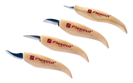 Flexcut 4-Knife Starter Carving Set ~ Flexcut's KN12 Cutting Knife,  KN13 Detail Knife,  KN18 Pelican Knife, & KN19 Mini-Pelican Knife are included in this set ~ High Carbon Spring Steel blades - Tempered to HRC 59-61 - Made in USA - Flexcut Four Piece Set ~ Flexcut 4-piece set - Includes Tool Roll ~ Flexcut Knife Set and Tool Roll - KN100 ~ 651646501002