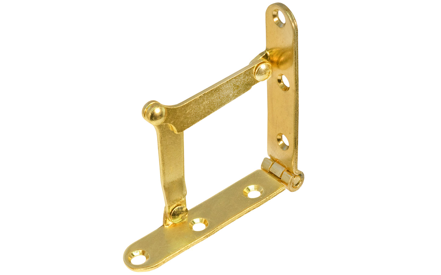 A slant top hinge for use on drop doors on desks, secretary desks, lids, & other uses too. Made of steel material with a plated brass finish. These hinges may also be used with regular lid supports for added extra strength as well. A classic & traditional style desk & lid hinge.