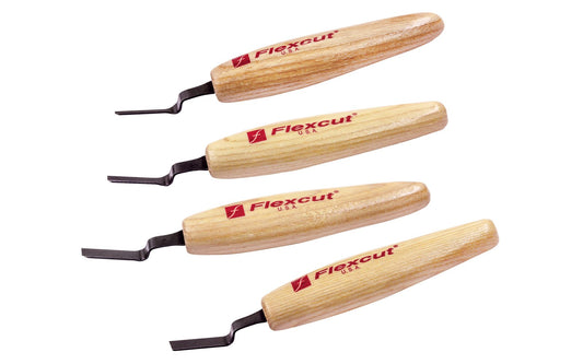 Flexcut Dogleg Chisel Micro Tool Carving Set ~ MT150 - Made in USA ~ 4-piece Set ~ Blades are made of High Carbon Spring Steel, Tempered to HRC 59-61. The cutting edges are hand honed & polished ~ Micro Chisels ~ 4-piece set - Includes 1/16" (1.5mm) - 1/8" (3mm) - 3/16" (5mm) - 1/4" (6mm)  Sizes - Excellent for miniature & extra fine detail carving work ~ 651646301503