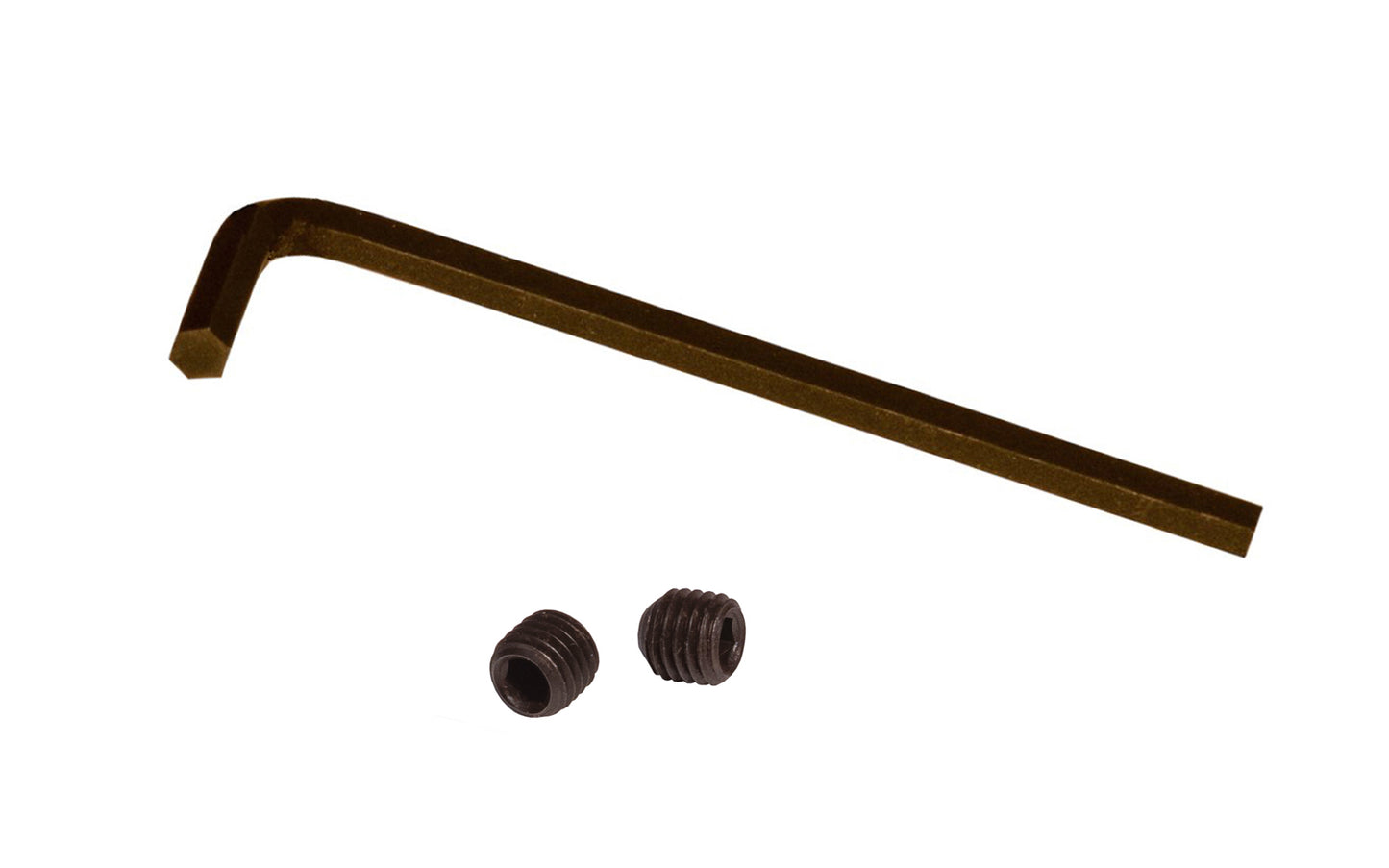 Pair of Set Screws & Hex Key for Doorknobs. The set screws work with traditional-style doorknobs that take threaded spindles. The thread size of the set screw is 28 TPI x 1/4" diameter size, which is a common thread size for holes on old-style doorknobs. Oil Rubbed Bronze Finish.