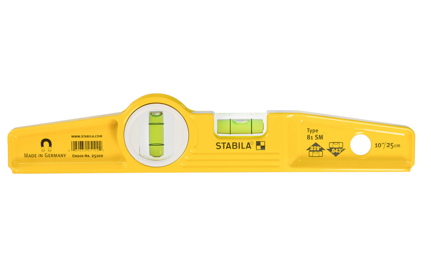 Stabila 10" (25 cm) Magnetic Torpedo Level ~ Type 81SM Die Cast - Model No. 25100 - Extra-strong Neodymium (rare-earth) magnet system is shake proof – leaves the hands free when aligning & positioning your work