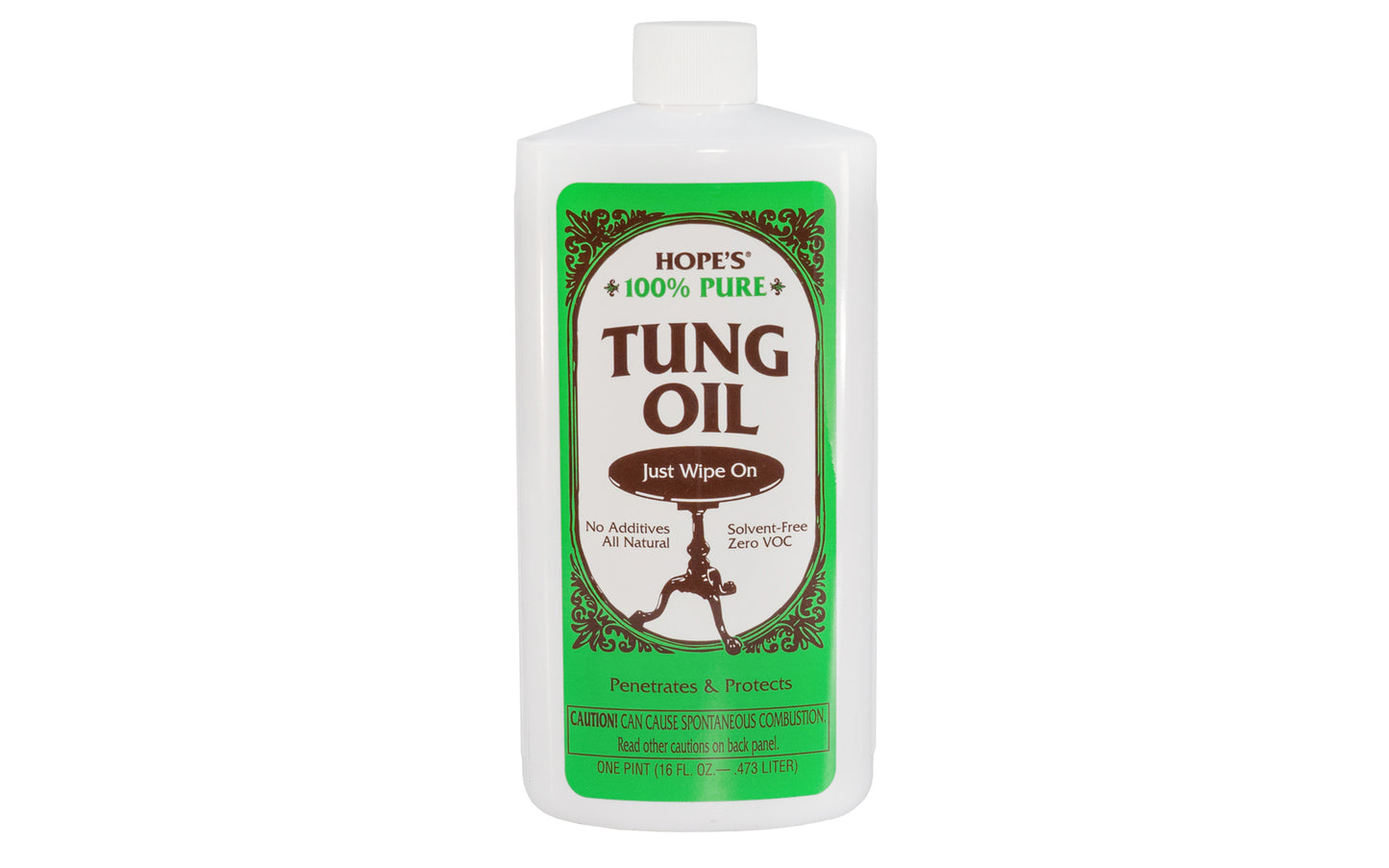 Hope's 100% Pure Tung Oil ~ 16 oz - 1 Pint - Zero VOC ~ Protects & beautifies all types of woods ~ No additives - All natural ~ Produces a classic 'hand rubbed' finish on fine wood surfaces